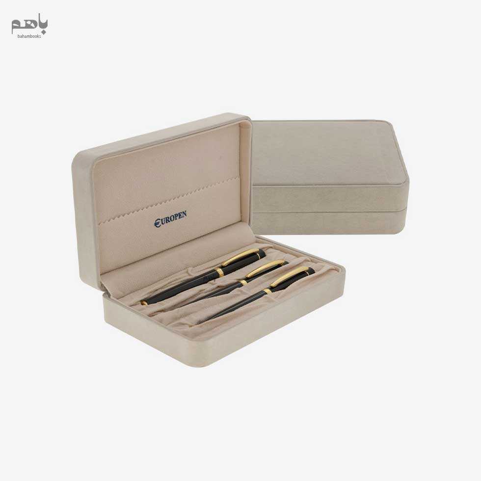 ست 3 تایی خودنویس و خودکار و روان نویس یوروپن مدل کول رنگ مشکی گیره طلا - 1
