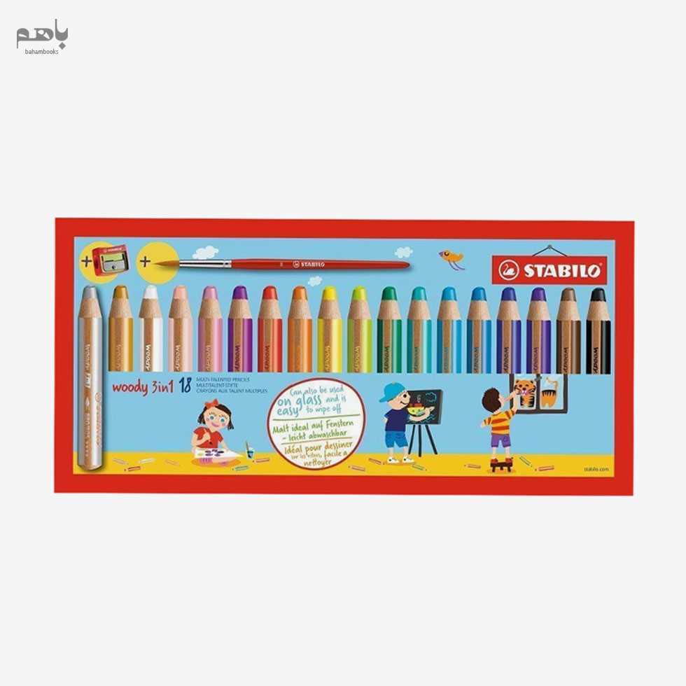 مداد رنگی 18 عددی 3 کاره وودی با تراش و قلم 880183 - 0